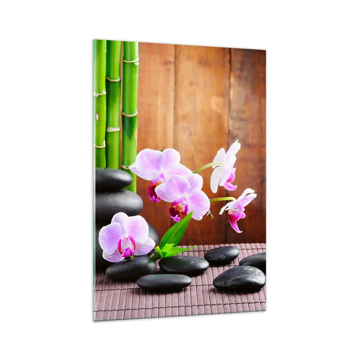 Cuadro sobre vidrio - Impresiones sobre Vidrio - Bambú de estilo zen, piedras y orquídeas rosas sobre un fondo de madera. - 70x100cm - Experimente los placeres de Oriente - Decoración de pared moderna para salón y dormitorio ARTTOR