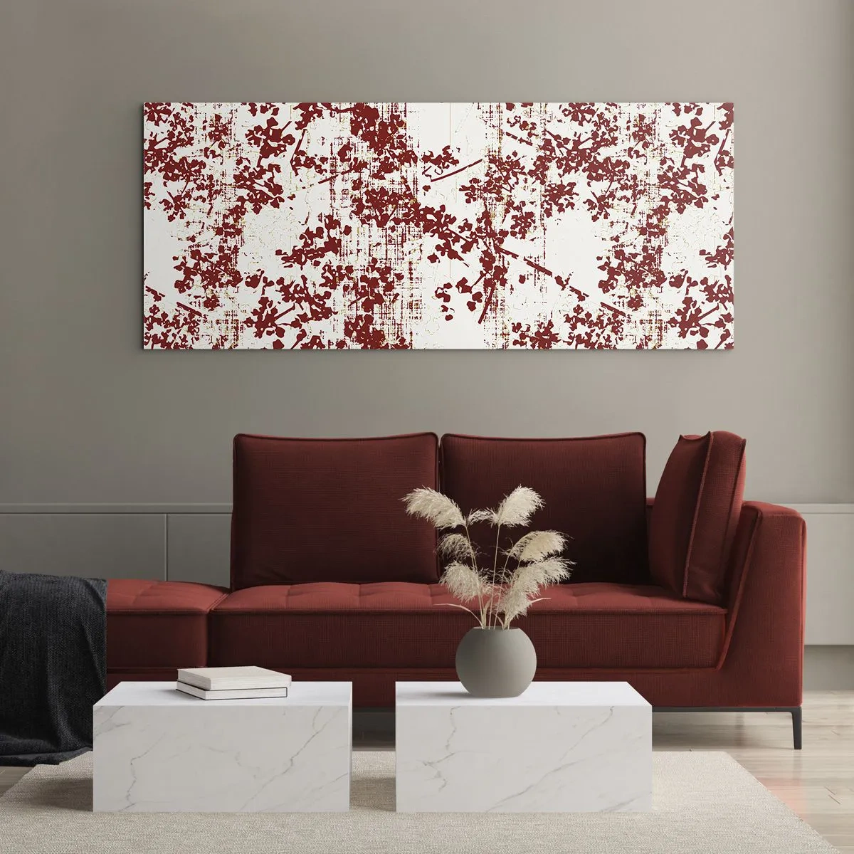 Cuadro sobre vidrio - Impresiones sobre Vidrio - Flores rojas sobre un fondo blanco en un estilo artístico. - 140x50cm - Como un viejo percal - Decoración de pared moderna para salón y dormitorio ARTTOR