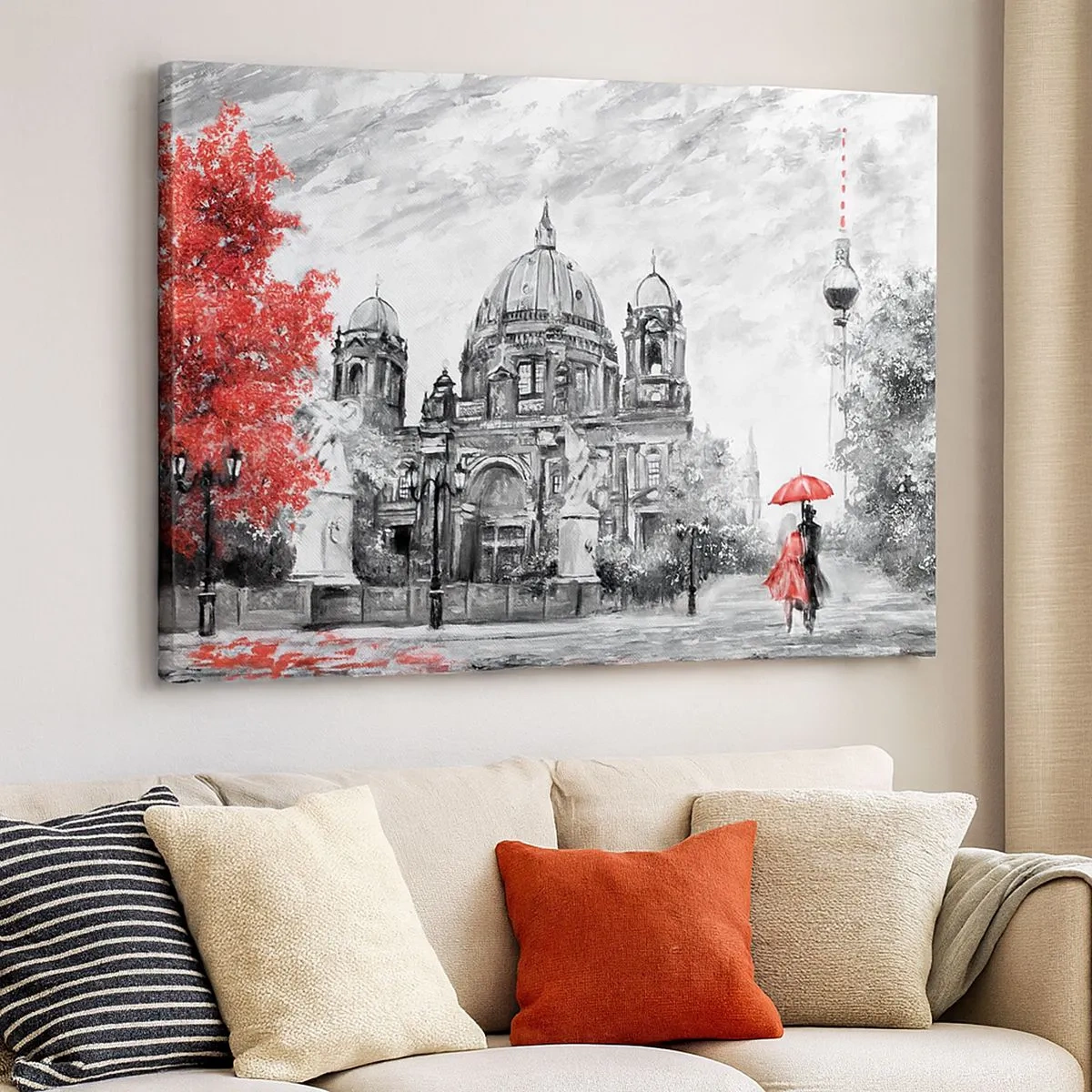 Cuadro sobre lienzo - Impresión de Imagen - Escena en blanco y negro con Berlín, un paraguas rojo y un árbol. - 70x50cm - Reunión en Berlín - Decoración de pared moderna para salón y dormitorio ARTTOR