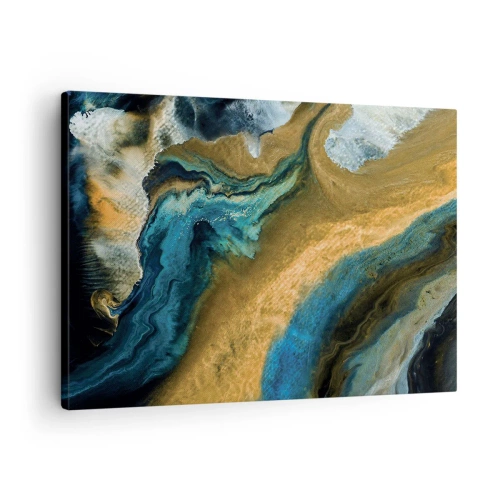 Cuadro sobre lienzo - Impresión de Imagen - Ondas abstractas en tonos dorados y azules. - 70x50cm - Azul - amarillo - influencia mutua - Decoración de pared moderna para salón y dormitorio ARTTOR
