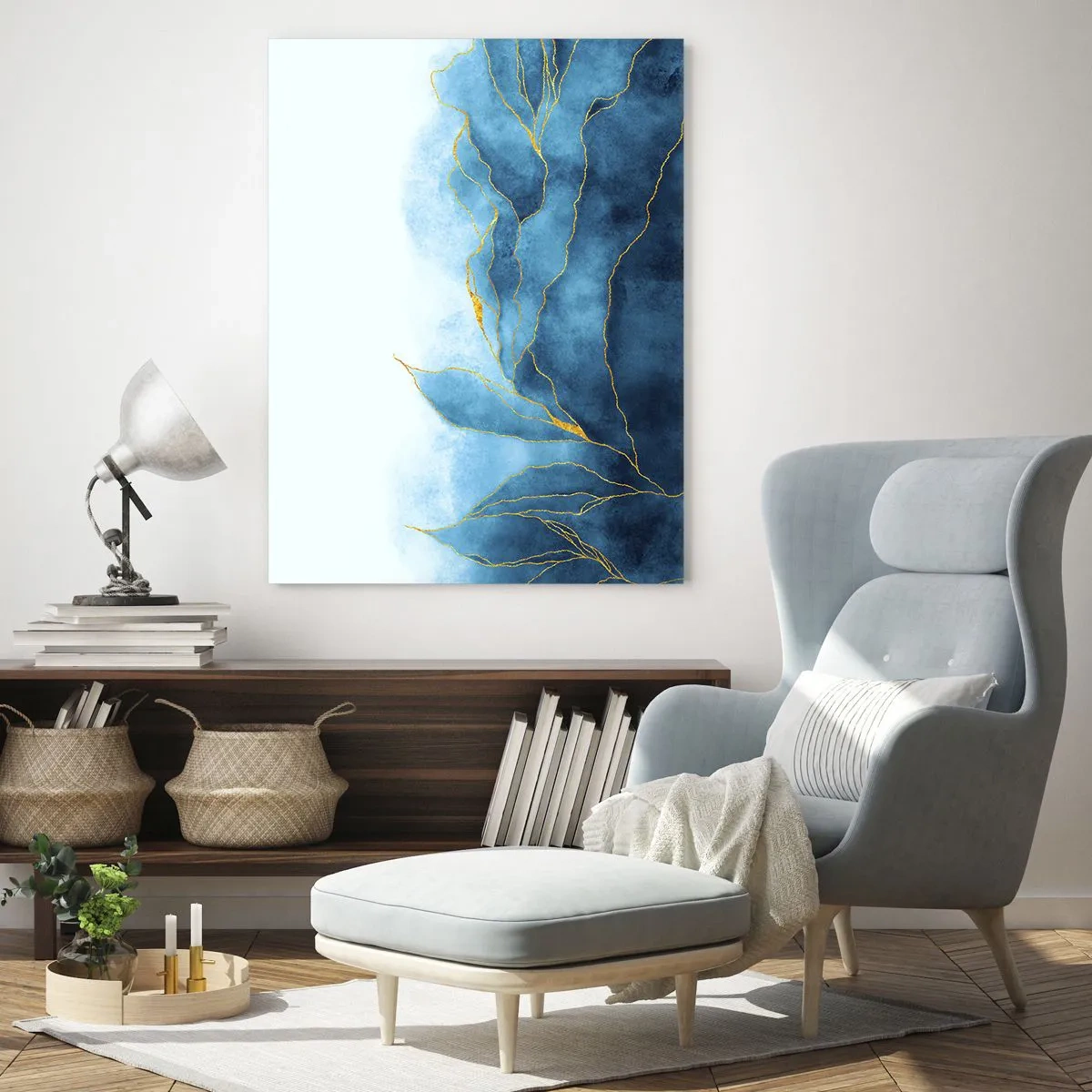 Cuadro sobre vidrio - Impresiones sobre Vidrio - Formas abstractas azules con delicadas líneas doradas. - 50x70cm - Oro y azul - Decoración de pared moderna para salón y dormitorio ARTTOR