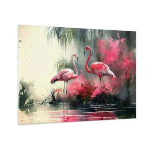 Cuadro sobre vidrio - Impresiones sobre Vidrio - Dos flamencos en un entorno tropical junto al agua. - 70x50cm - Una lección de encanto natural - Decoración de pared moderna para salón y dormitorio ARTTOR