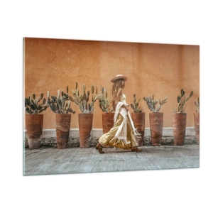 Cuadro sobre vidrio - Impresiones sobre Vidrio - Una mujer de estilo boho paseando entre macetas de cactus. - 120x80cm - Estilo hippie - Decoración de pared moderna para salón y dormitorio ARTTOR