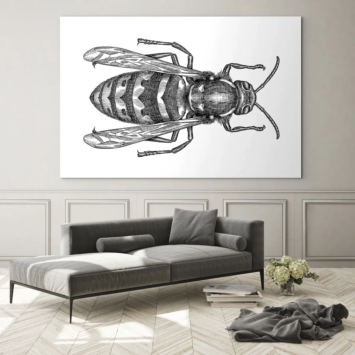 Cuadro sobre vidrio - Impresiones sobre Vidrio - Ilustración retro en blanco y negro de una avispa sobre un fondo blanco. - 120x80cm - Desde un planeta de insectos - Decoración de pared moderna para salón y dormitorio ARTTOR
