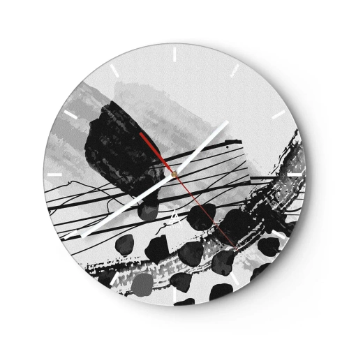 Reloj de pared - Reloj de vidrio - Formas y líneas abstractas en blanco y negro sobre un fondo claro - 30x30cm - Abstracción orgánica en blanco y negro - Decoración de pared moderna para salón, cocina y dormitorio ARTTOR