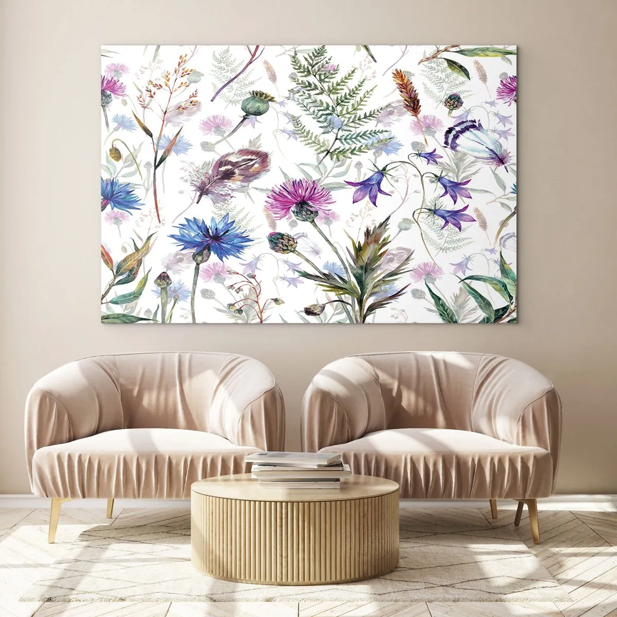 Cuadro sobre vidrio - Impresiones sobre Vidrio - Dibujos de flores silvestres y hojas sobre un fondo claro. - 100x70cm - Herbario polaco - Decoración de pared moderna para salón y dormitorio ARTTOR