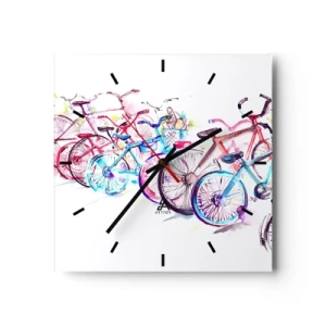 Reloj de pared - Reloj de vidrio - Bicicletas coloridas en un estilo artístico de acuarela. - 30x30cm - Reunión de ciclistas - Decoración de pared moderna para salón y dormitorio ARTTOR