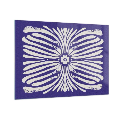 Cuadro sobre vidrio - Impresiones sobre Vidrio - Patrón étnico simétrico sobre un fondo morado. - 70x50cm - Inspiraciones étnicas - Decoración de pared moderna para salón y dormitorio ARTTOR