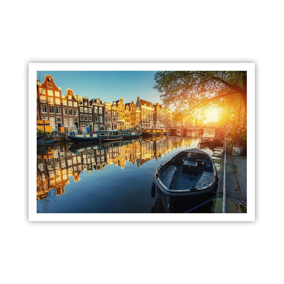 Póster - Canal de Ámsterdam al atardecer - 100x70cm - Mañana en Ámsterdam - Decoración de pared moderna para salón y dormitorio ARTTOR