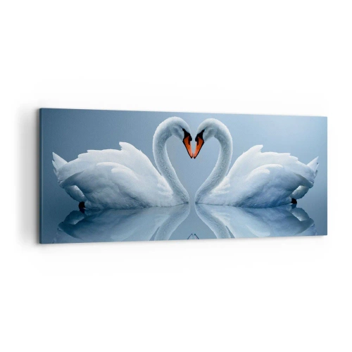 Cuadro sobre lienzo - Impresión de Imagen - Dos cisnes formando un corazón en una superficie tranquila del agua. - 120x50cm - Tiempo de amor - Decoración de pared moderna para salón y dormitorio ARTTOR