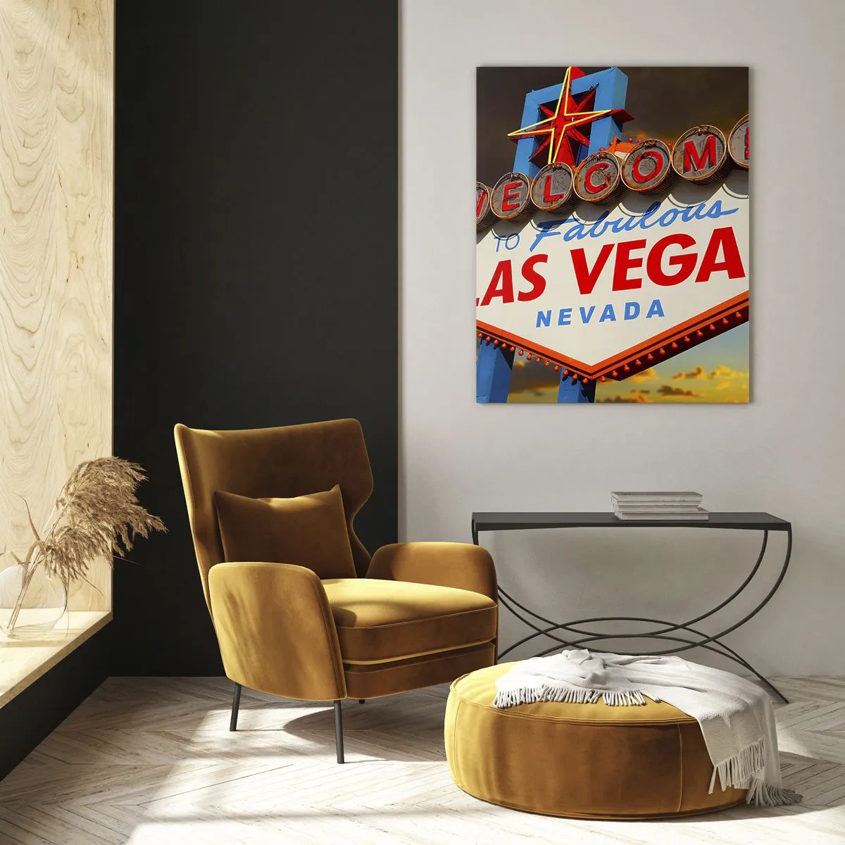 Cuadro sobre vidrio - Impresiones sobre Vidrio - El famoso cartel de Bienvenido a la fabulosa Las Vegas al atardecer - 70x100cm - Por la sonrisa del destino - Decoración de pared moderna para salón y dormitorio ARTTOR