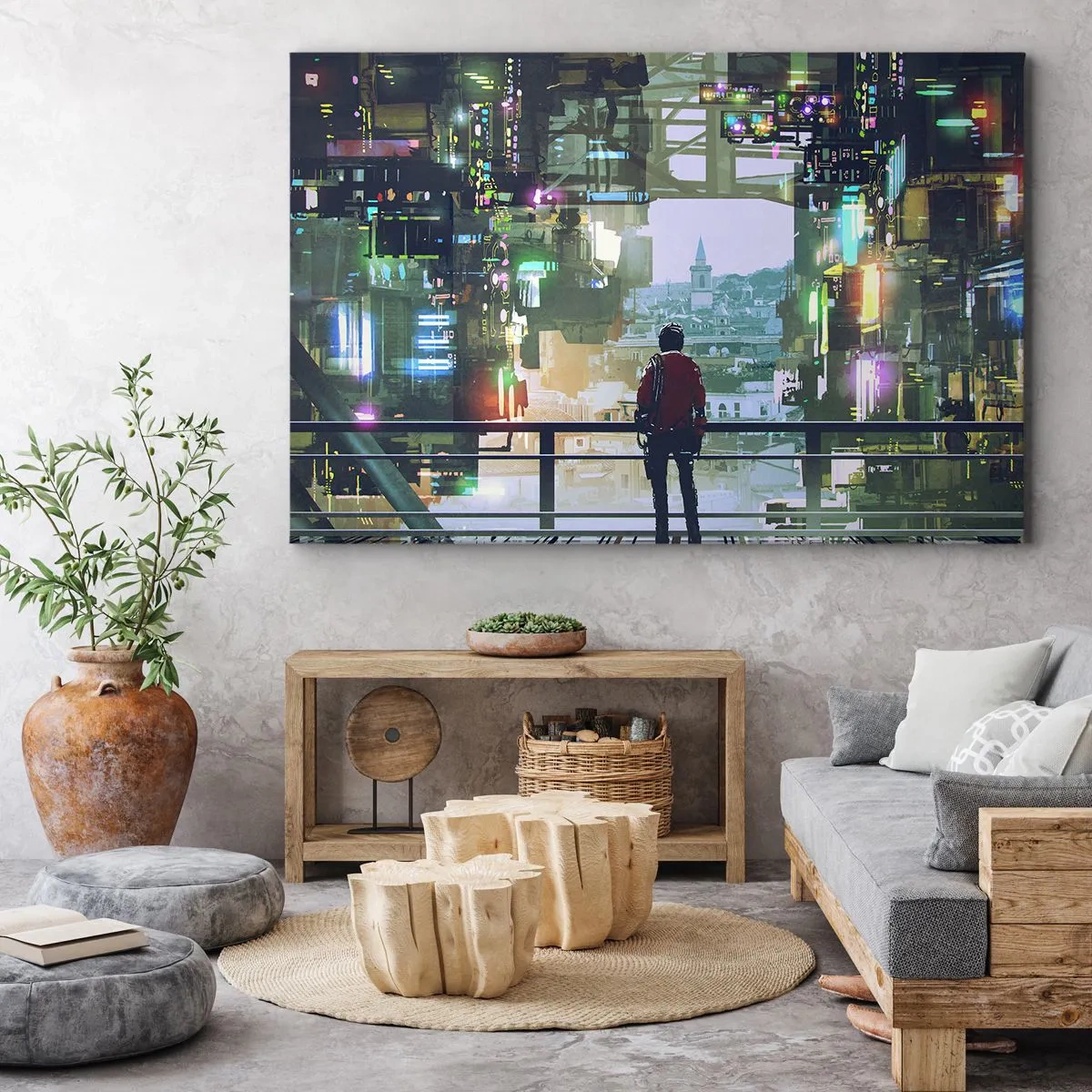 Cuadro sobre lienzo - Impresión de Imagen - Una figura en una ciudad futurista con luces de neón. - 70x50cm - Dos mundos - Decoración de pared moderna para salón y dormitorio ARTTOR