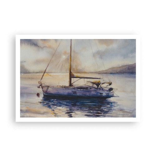 Póster - Un yate en un mar tranquilo al atardecer. - 100x70cm - Atardecer en la bahía - Decoración de pared moderna para salón y dormitorio ARTTOR