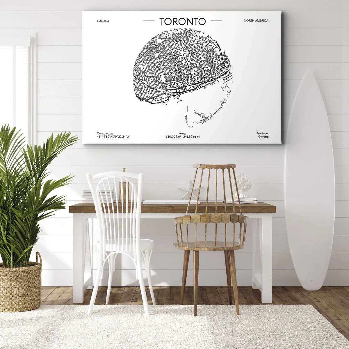 Cuadro sobre lienzo - Impresión de Imagen - Un mapa de Toronto en un estilo minimalista en blanco y negro - 70x50cm - Anatomía de Toronto - Decoración de pared moderna para salón y dormitorio ARTTOR