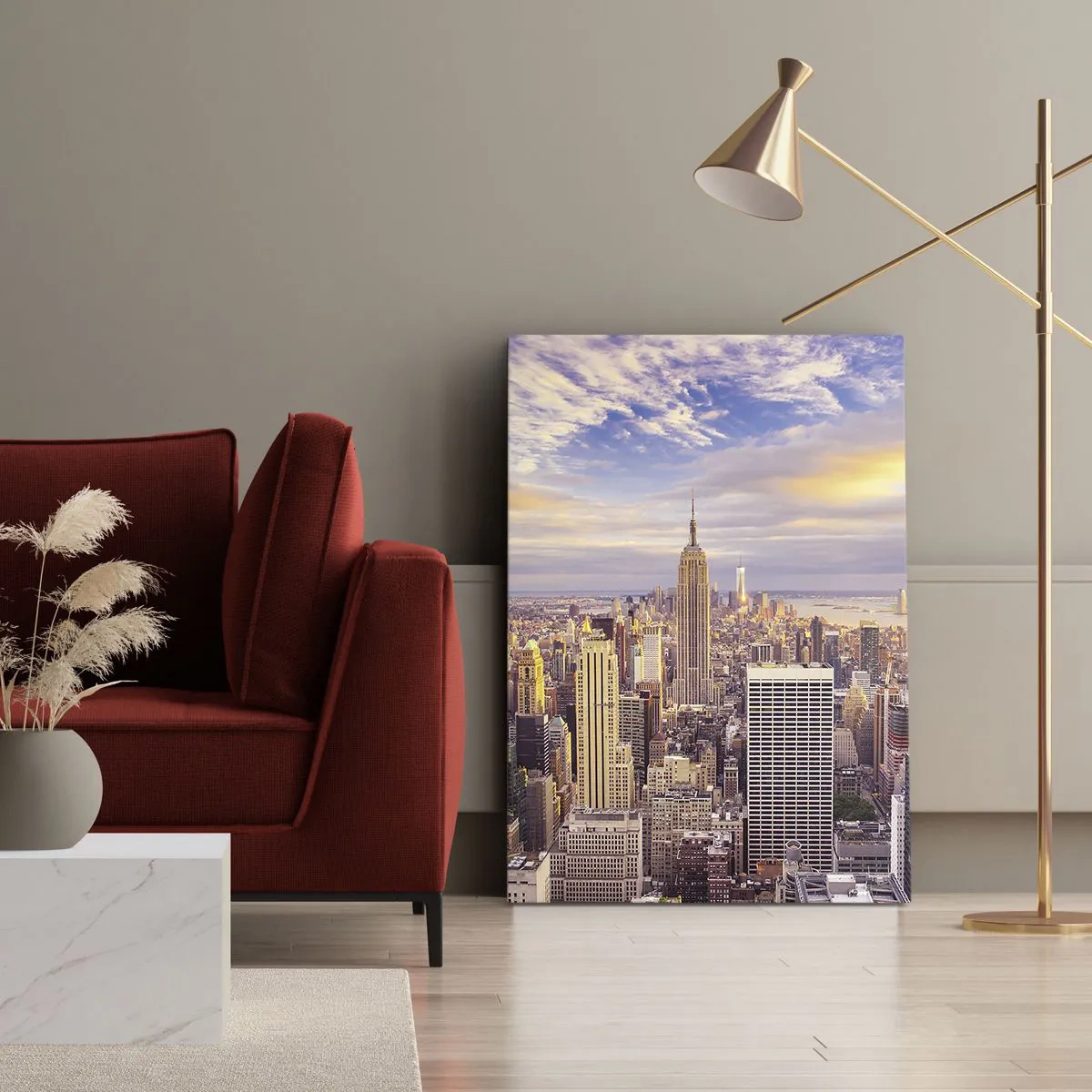 Cuadro sobre lienzo - Impresión de Imagen - Panorama de una ciudad moderna con rascacielos al atardecer - 80x120cm - Alcanzar las nubes - Decoración de pared moderna para salón y dormitorio ARTTOR