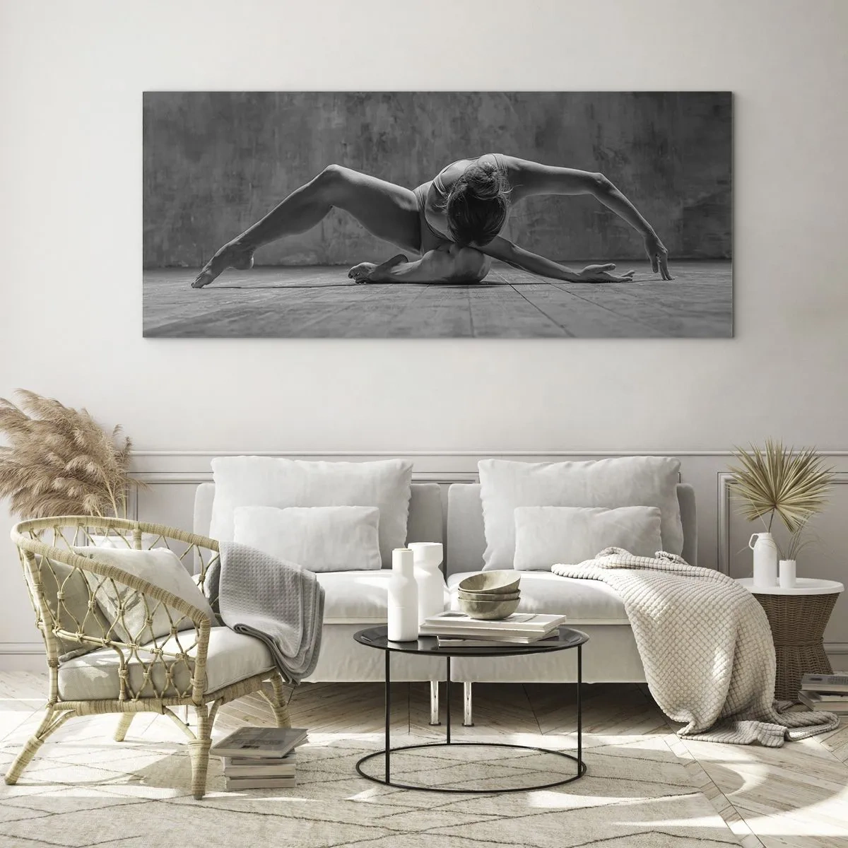 Cuadro sobre vidrio - Impresiones sobre Vidrio - Una bailarina en pose artística. - 140x50cm - Simetría encontrada - Decoración de pared moderna para salón y dormitorio ARTTOR