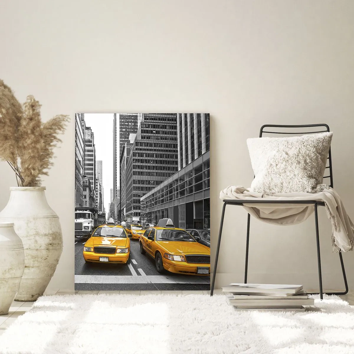 Cuadro sobre vidrio - Impresiones sobre Vidrio - Taxis amarillos en las calles de Nueva York - 80x120cm - Nosotros somos los que damos color a la ciudad - Decoración de pared moderna para salón y dormitorio ARTTOR