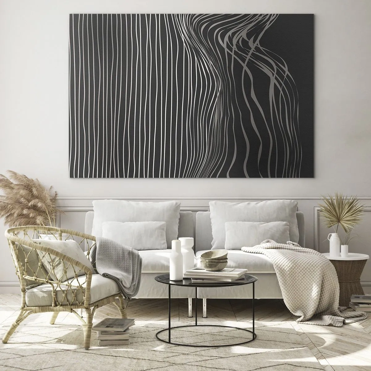Cuadro sobre vidrio - Impresiones sobre Vidrio - Líneas delicadas en un arreglo abstracto sobre un fondo oscuro. - 70x50cm - Ritmo y acento - Decoración de pared moderna para salón y dormitorio ARTTOR