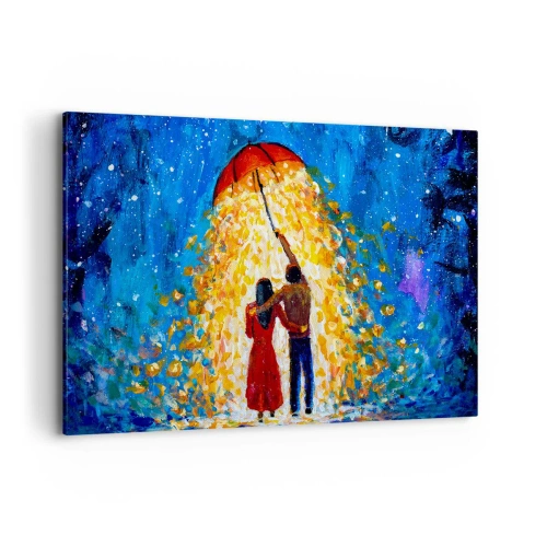 Cuadro sobre lienzo - Impresión de Imagen - Una pareja bajo un paraguas rojo bajo la lluvia luminosa. - 120x80cm - La magia de una tarde lluviosa - Decoración de pared moderna para salón y dormitorio ARTTOR