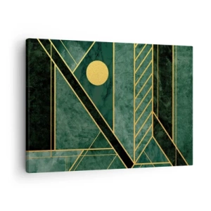 Cuadro sobre lienzo - Impresión de Imagen - Diseño geométrico verde y dorado con un patrón elegante. - 70x50cm - La dinámica del oro y el azul - Decoración de pared moderna para salón y dormitorio ARTTOR