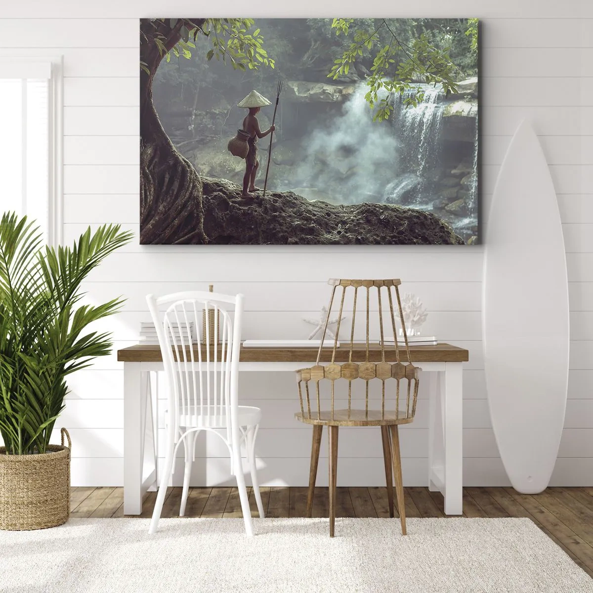 Cuadro sobre lienzo - Impresión de Imagen - Una figura con una lanza en una cascada en un bosque tropical. - 70x50cm - Amistad con la naturaleza - Decoración de pared moderna para salón y dormitorio ARTTOR