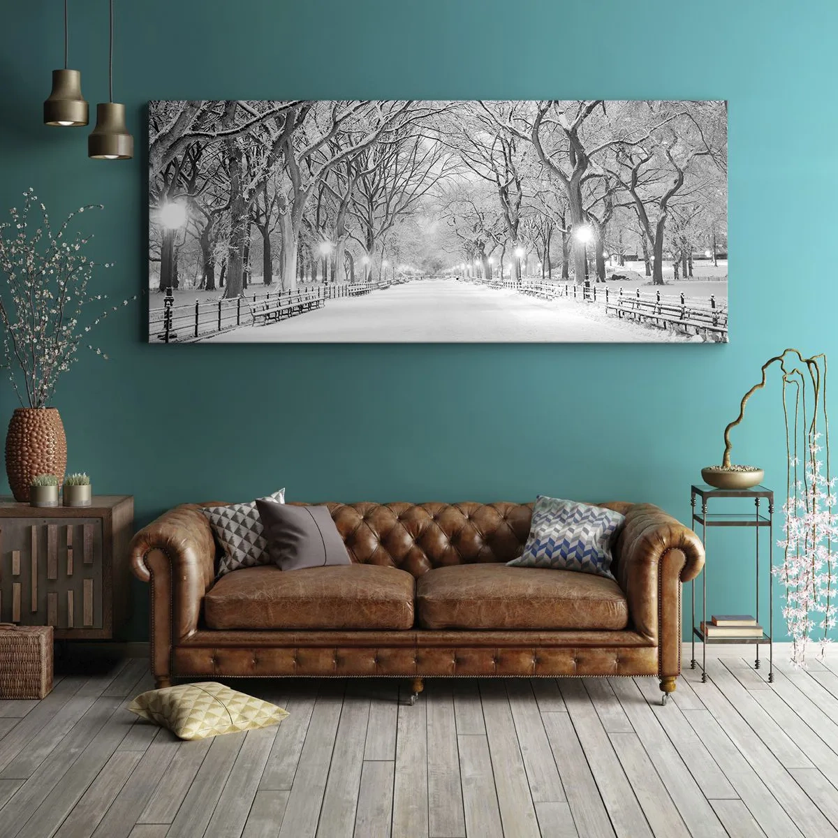 Cuadro sobre lienzo - Impresión de Imagen - Un callejón invernal con árboles cubiertos de nieve en monocromo. - 160x50cm - Cuatro estaciones - invierno - Decoración de pared moderna para salón y dormitorio ARTTOR