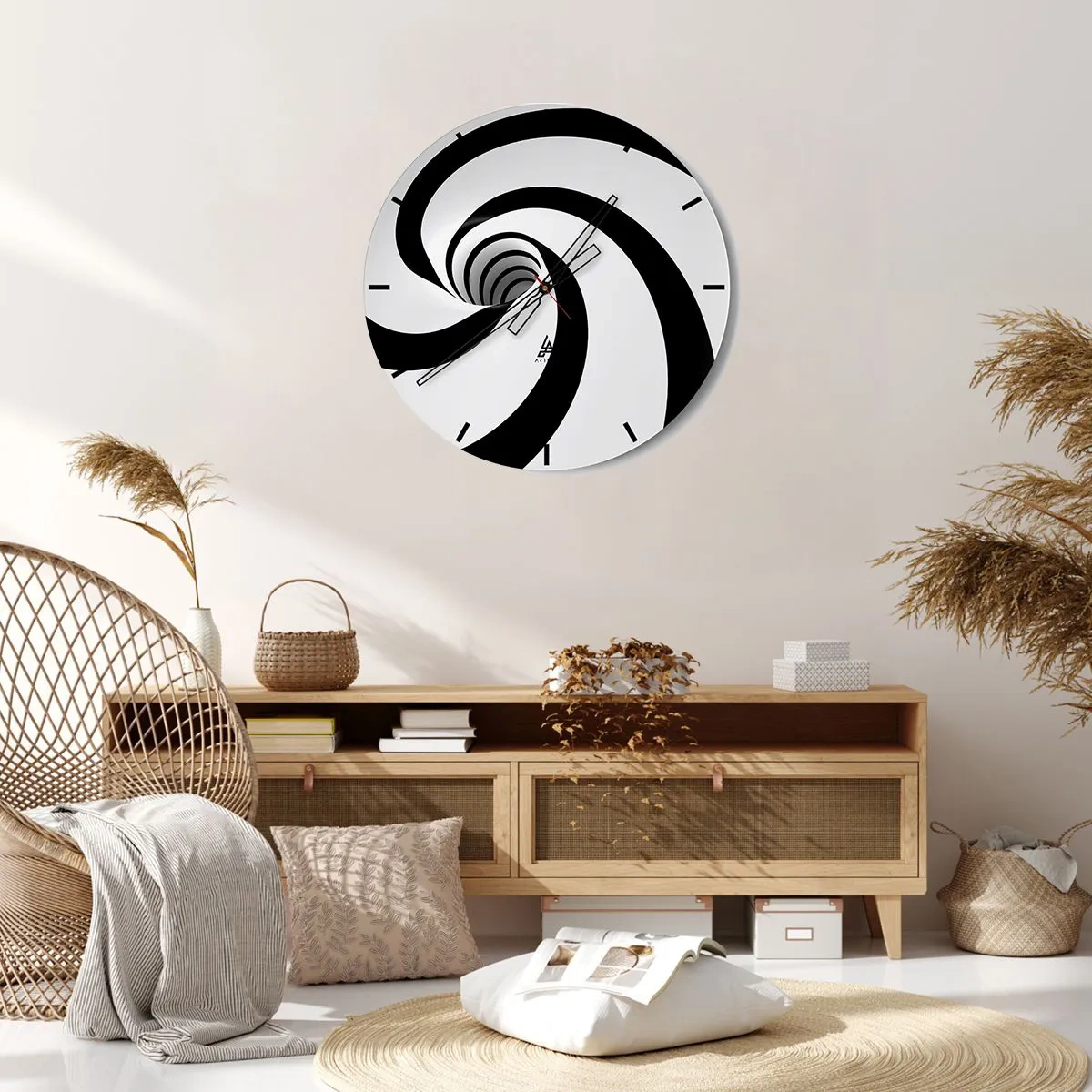 Reloj de pared - Reloj de vidrio - Espiral dinámica en blanco y negro - 30x30cm - ¿Ceder al torbellino? - Decoración de pared moderna para salón, cocina y dormitorio ARTTOR