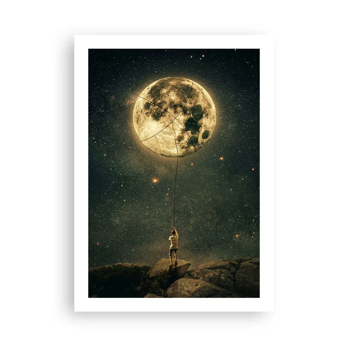 Póster - Una figura sosteniendo la luna en una cuerda en un paisaje estrellado. - 50x70cm - El que robó la luna - Decoración de pared moderna para salón y dormitorio ARTTOR