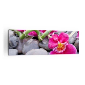 Cuadro sobre lienzo - Impresión de Imagen - Orquídeas rosas sobre un fondo de piedras lisas. - 160x50cm - Frío y calor - Decoración de pared moderna para salón y dormitorio ARTTOR