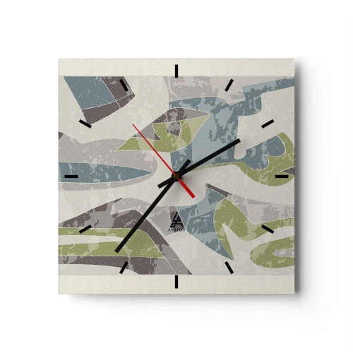 Reloj de pared - Reloj de vidrio - Formas abstractas en verde y azul sobre un fondo claro - 30x30cm - Composición tras vidriera - Decoración de pared moderna para salón y dormitorio ARTTOR