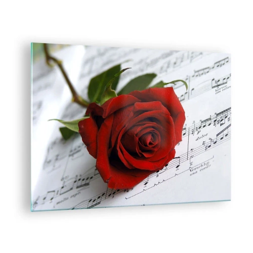 Cuadro sobre vidrio - Impresiones sobre Vidrio - Una rosa roja sobre un fondo de notas musicales. - 70x50cm - La música de los sentimientos en escarlata - Decoración de pared moderna para salón y dormitorio ARTTOR