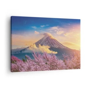 Cuadro sobre lienzo - Impresión de Imagen - Monte Fuji con flores de cerezo al fondo al atardecer - 70x50cm - La santidad japonesa - Decoración de pared moderna para salón y dormitorio ARTTOR