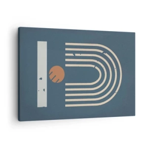 Cuadro sobre lienzo - Impresión de Imagen - Patrón geométrico en tonos azul marino, beige y naranja sobre un fondo oscuro. - 70x50cm - Geometría sobre azul marino - Decoración de pared moderna para salón y dormitorio ARTTOR