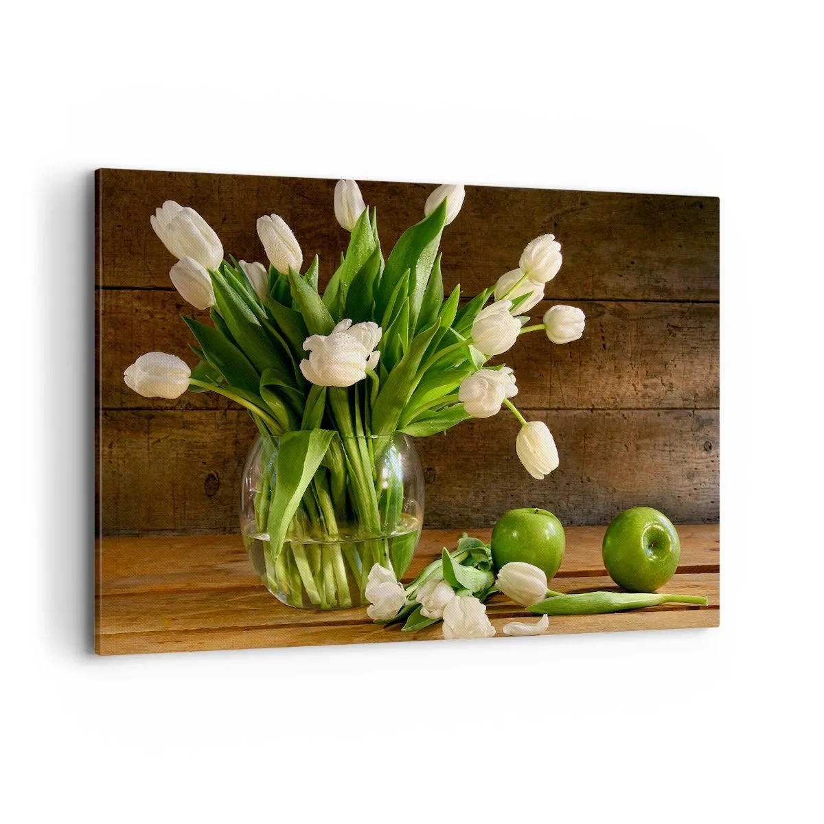 Cuadro sobre lienzo - Impresión de Imagen - Un ramo de tulipanes blancos en un jarrón de cristal con manzanas verdes. - 120x80cm - Jugoso y fresco en verde y blanco - Decoración de pared moderna para salón y dormitorio ARTTOR