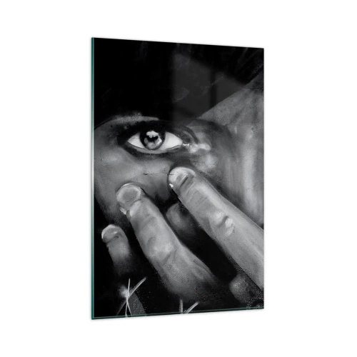Cuadro sobre vidrio - Impresiones sobre Vidrio - Retrato en blanco y negro de una mujer cubriéndose la cara con las manos. - 80x120cm - No diré quién lo pintó - Decoración de pared moderna para salón y dormitorio ARTTOR