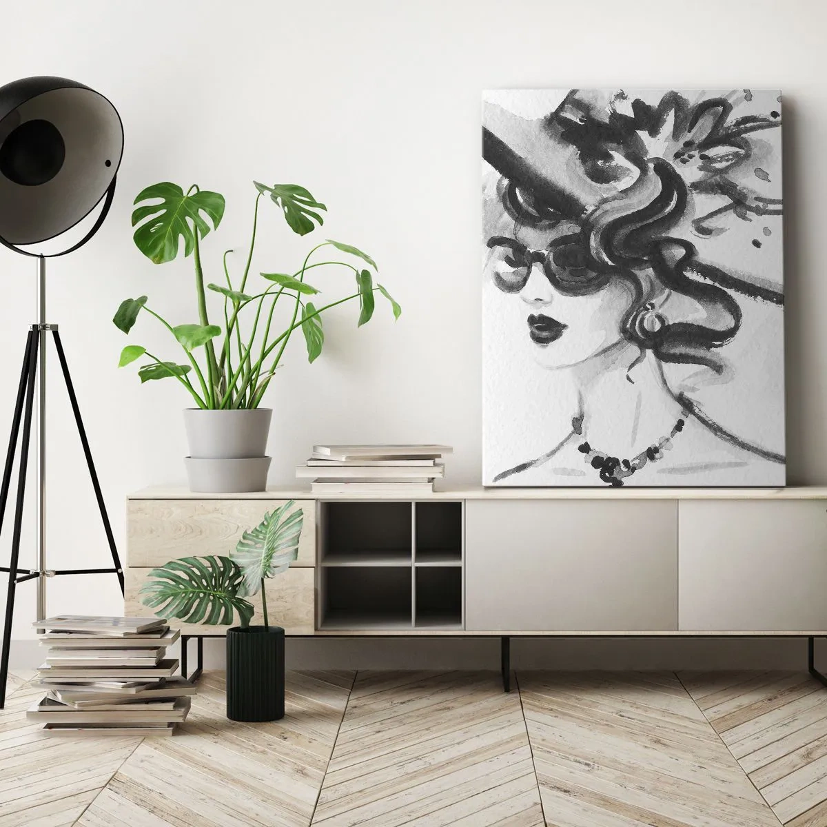 Cuadro sobre lienzo - Impresión de Imagen - Mujer elegante con sombrero en estilo blanco y negro - 50x70cm - Una dama con carácter - Decoración de pared moderna para salón y dormitorio ARTTOR