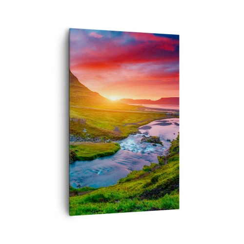 Cuadro sobre lienzo - Impresión de Imagen - Cascada pintoresca y montaña al atardecer - 80x120cm - Islandia - fuego y agua - Decoración de pared moderna para salón y dormitorio ARTTOR