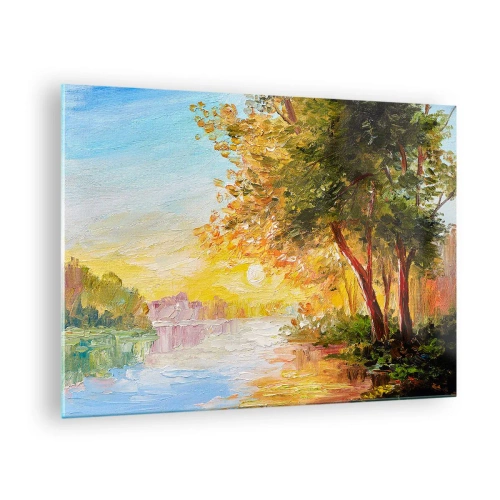Cuadro sobre vidrio - Impresiones sobre Vidrio - Lago con árboles al atardecer - 70x50cm - Ensueño - Decoración de pared moderna para salón y dormitorio ARTTOR