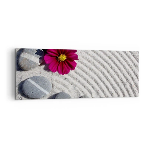 Cuadro sobre lienzo - Impresión de Imagen - Piedras y una flor rosa sobre la arena en estilo zen. - 140x50cm - Energía y paz del círculo mágico de la naturaleza - Decoración de pared moderna para salón y dormitorio ARTTOR