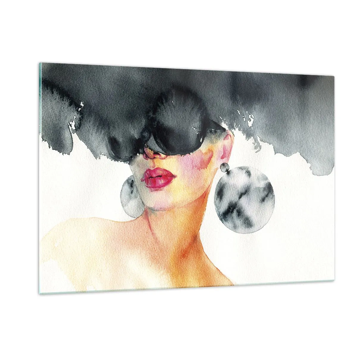 Cuadro sobre vidrio - Impresiones sobre Vidrio - Retrato de una mujer con grandes pendientes y una mancha negra sobre la cabeza. - 120x80cm - El secreto de la elegancia - Decoración de pared moderna para salón y dormitorio ARTTOR