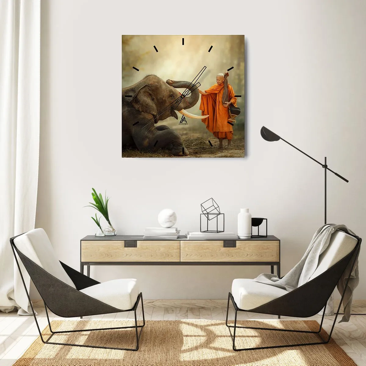 Reloj de pared - Reloj de vidrio - Un monje y un elefante en armonía con la naturaleza como telón de fondo. - 30x30cm - Un encuentro en un viaje - Decoración de pared moderna para salón y dormitorio ARTTOR