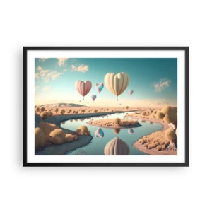 Póster en marco negro - Globos en forma de corazón flotando sobre el paisaje. - 70x50cm - El amor te hace volar - Decoración de pared moderna para salón y dormitorio ARTTOR