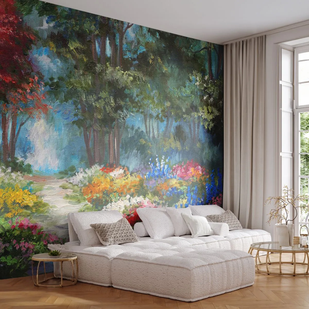 Fotomural Autadhesivo Deluxe Sticker - Jardín forestal, bosque floral - Paisaje, Parque, flores - 500x350 cm
