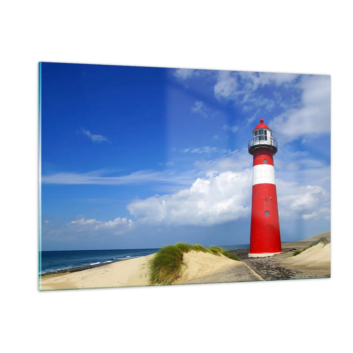 Cuadro sobre vidrio - Impresiones sobre Vidrio - Un faro rojo contra un cielo azul. - 120x80cm - Una soledad de ensueño - Decoración de pared moderna para salón y dormitorio ARTTOR