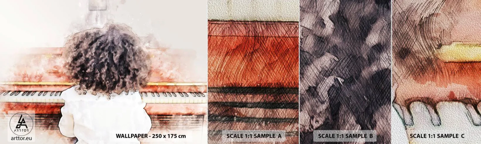 Muestra de fotomural Premium Sand - Descubriendo un mundo nuevo - Piano, Música, Músico - 100x30 cm