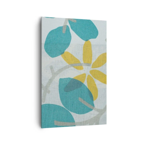 Cuadro sobre lienzo - Impresión de Imagen - Hojas en tonos turquesa y amarillo sobre un fondo claro. - 80x120cm - Entre hojas azules - Decoración de pared moderna para salón y dormitorio ARTTOR
