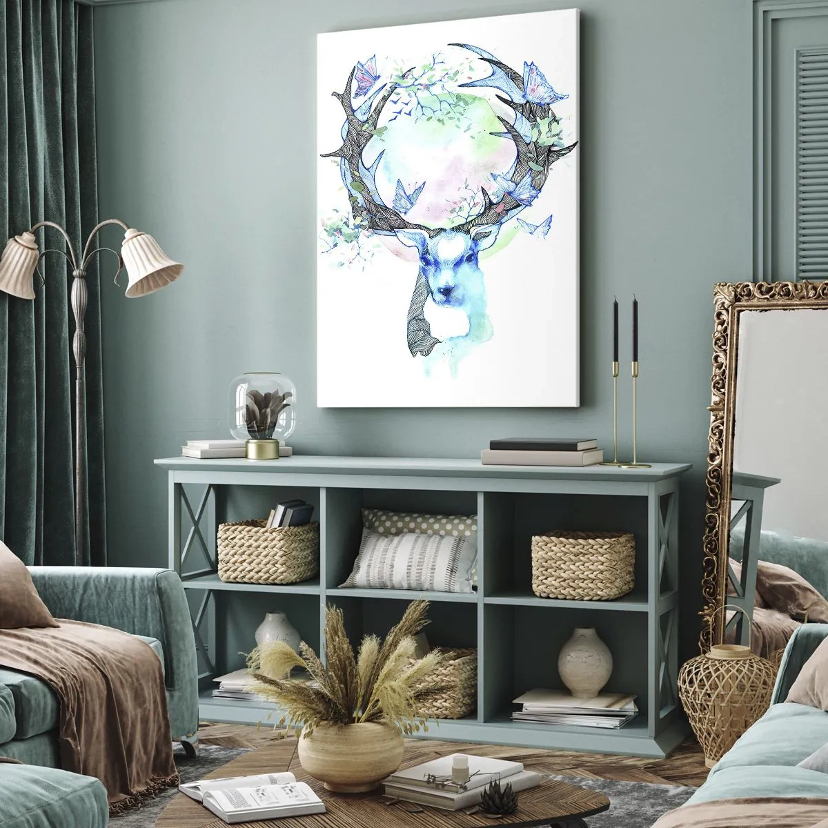 Cuadro sobre lienzo - Impresión de Imagen - Un gráfico caprichoso de ciervo con motivos de naturaleza y mariposas. - 50x70cm - La fuerza y la dulzura de la naturaleza - Decoración de pared moderna para salón y dormitorio ARTTOR