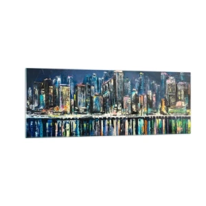 Cuadro sobre vidrio - Impresiones sobre Vidrio - Panorama de la ciudad nocturna reflejada en el agua. - 140x50cm - Una cascada de luces - Decoración de pared moderna para salón y dormitorio ARTTOR