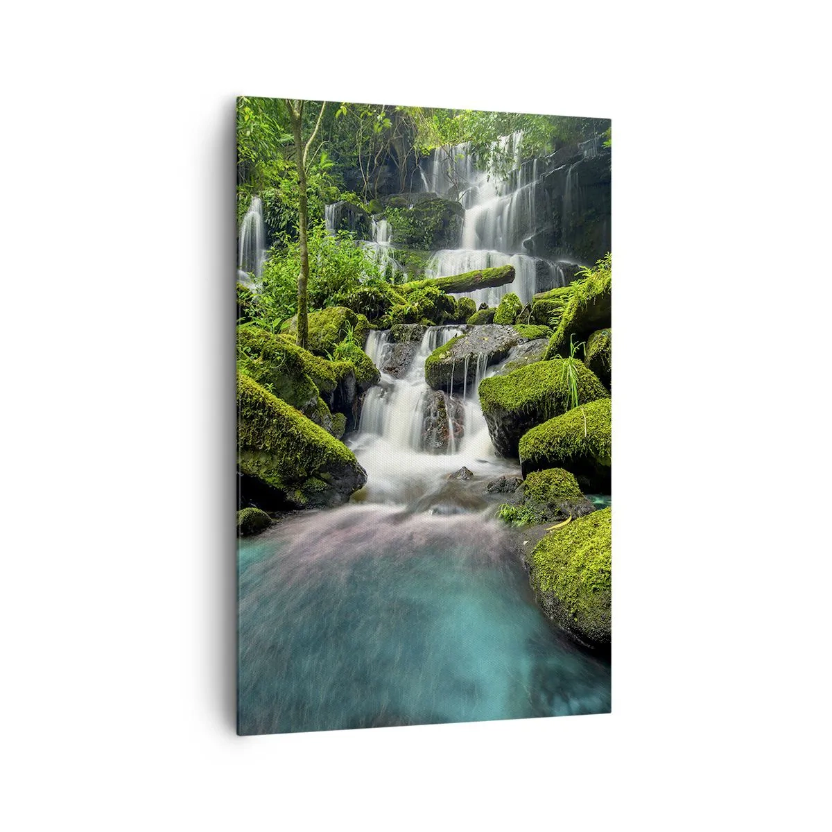 Cuadro sobre lienzo - Impresión de Imagen - Una cascada tropical rodeada de vegetación y agua turquesa. - 80x120cm - Turquesa, zafiro y plata líquida - Decoración de pared moderna para salón y dormitorio ARTTOR