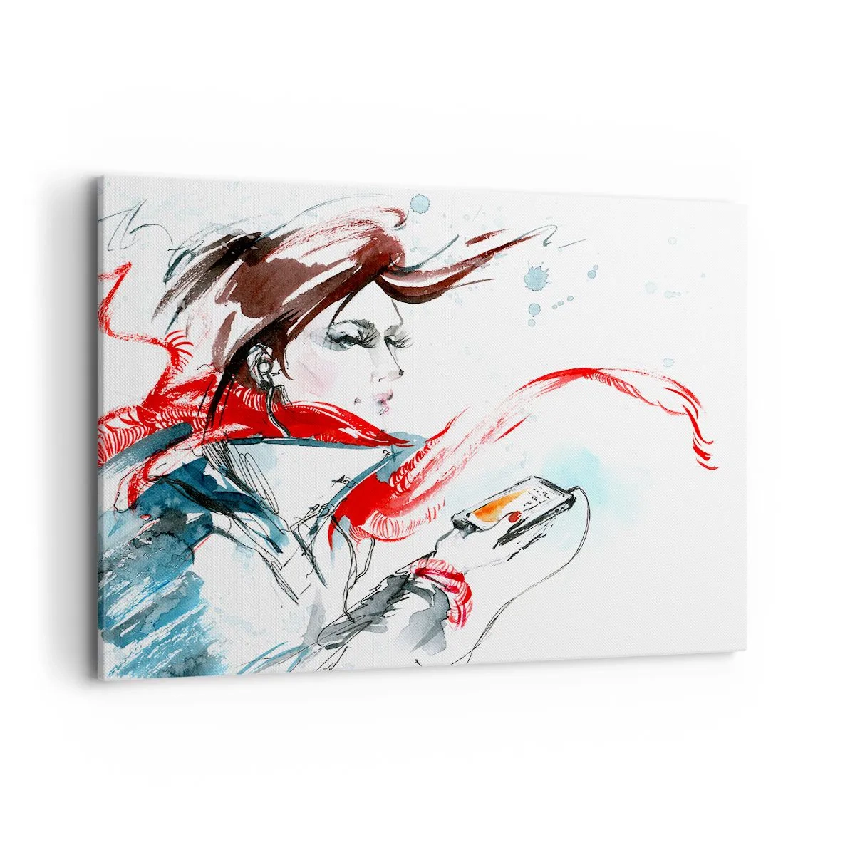 Cuadro sobre lienzo - Impresión de Imagen - Una mujer con un pañuelo rojo con pinceladas dinámicas de acuarela. - 120x80cm - Algo suena dentro de mí - Decoración de pared moderna para salón y dormitorio ARTTOR